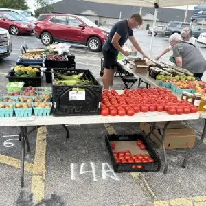 A variety of fresh produce on tables.