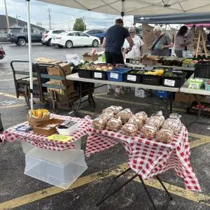 A variety of fresh produce on tables.