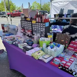 A neatly organized table of items for sale